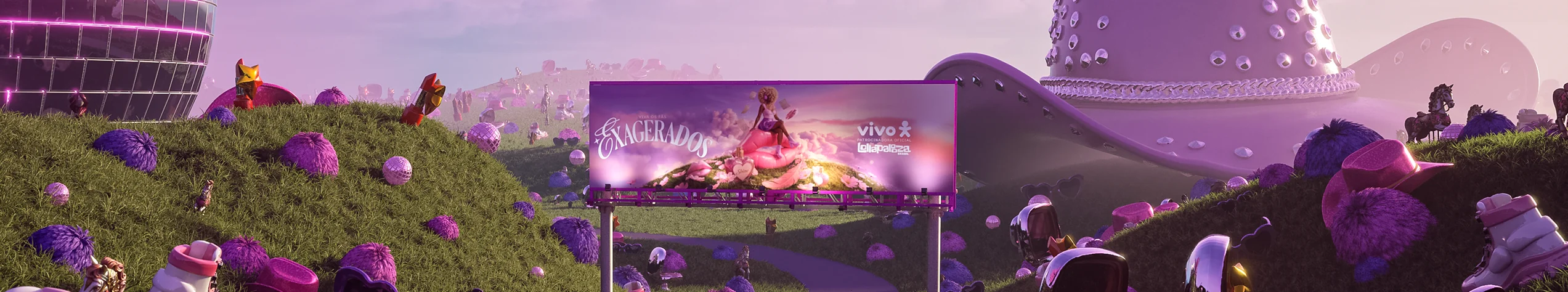 Chappell Roan’s world: a purple route between a giant mirror ball, cowboy hats and the Vivo Exagerados campaign billboard.
