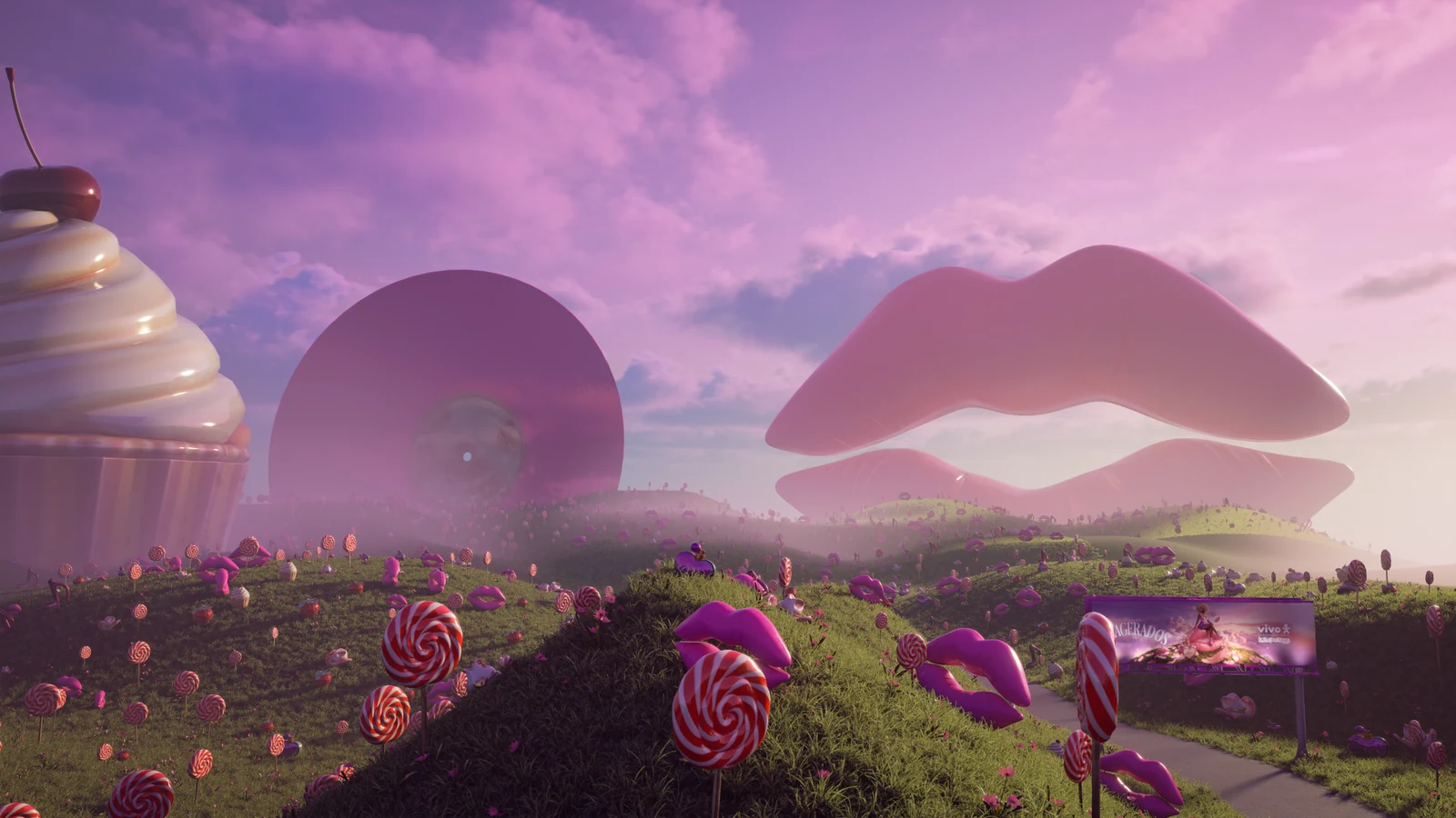Sabrina Carpenter’s world: giant pink lips, a vinyl record, cupcakes and lollipops rise above green hills.