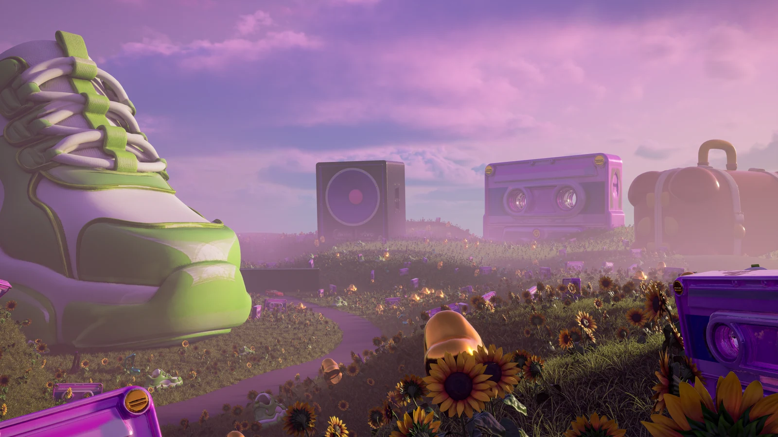 Tyler, The Creator’s world: an oversized green sneaker, cassette and speakers rise above sunflowers and a purple path.